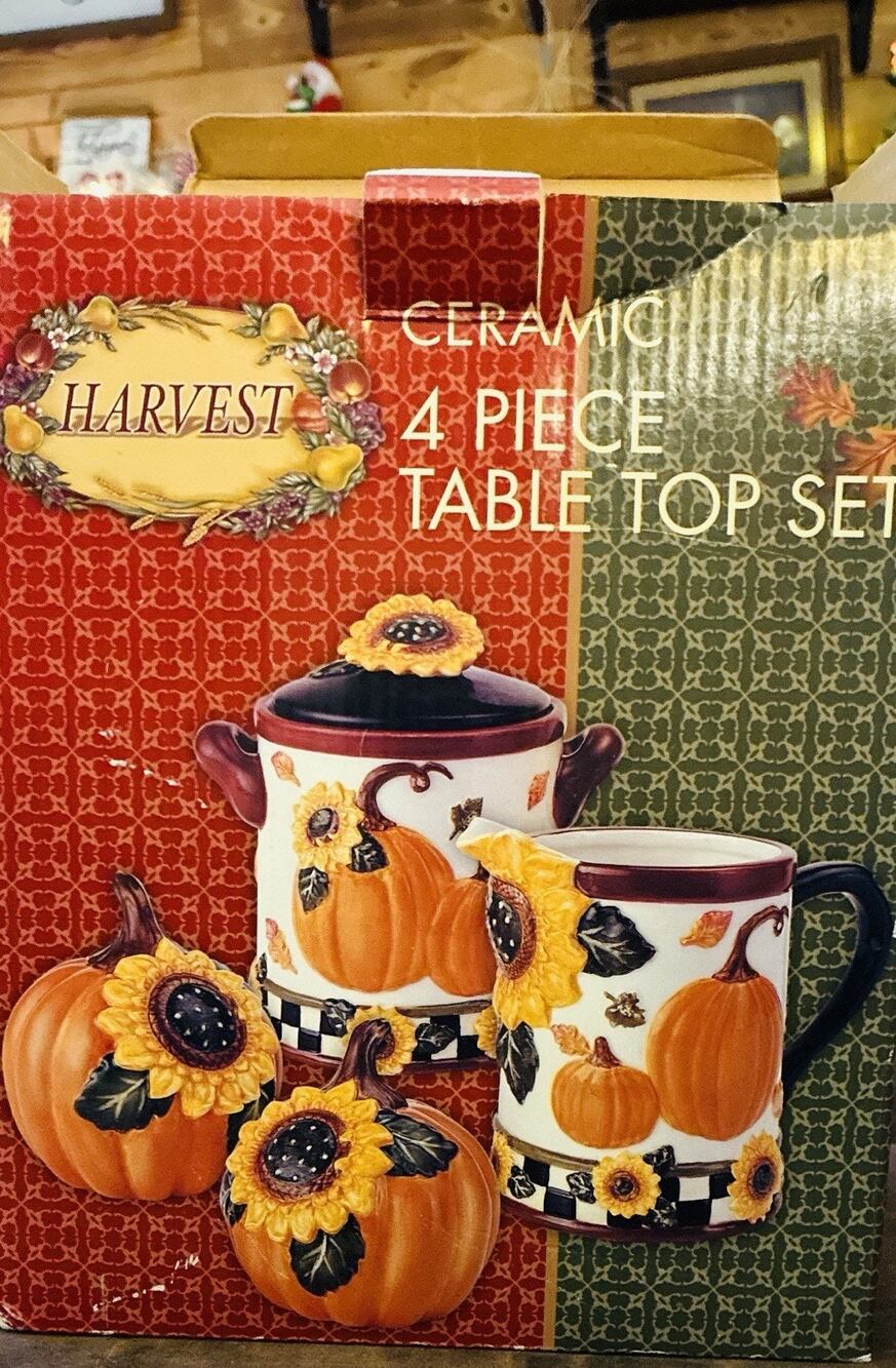 Harvest Vtg Open Box New 4 pc Ceramic Salt/Pepper Sugar Creamer Spoon Set